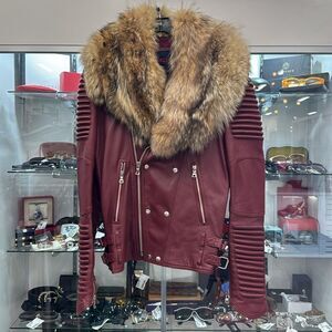 Elegant Maroon Leather Jacket with Faux Fur Collar
